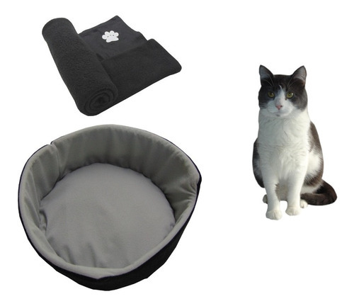 Cama Para Gato Pequeña + Cobija Térmica Mediana Color Gris