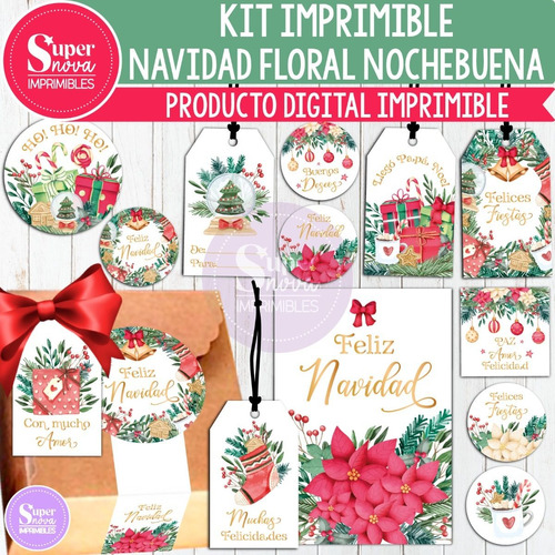 Kit Imprimible Navidad Flor Tags Etiquetas Tarjetas Stickers