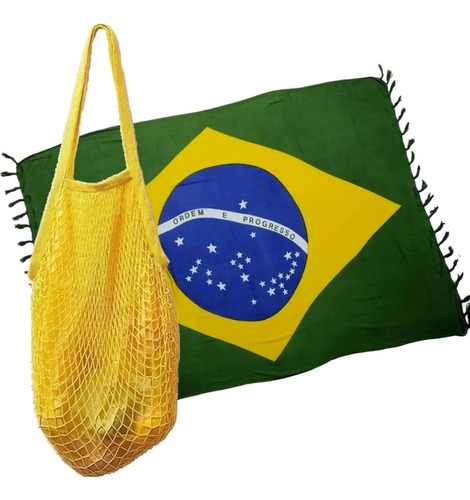 Kit Canga Bandeira Do Brasil E Bolsa De Praia Rede Amarela Cor Amarelo Desenho Do Tecido Liso Tamanho Un