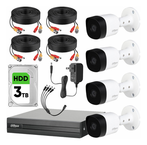 Dahua Kit CCTV de 4 Cámaras 2 Mp Metalicas + Disco Duro 3 TB Cámaras de Seguridad con Busqueda Inteligente de Alta Resolución Kit Video Vigilancia