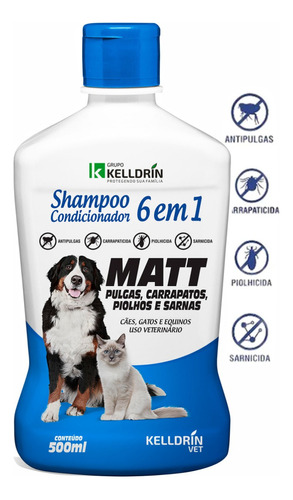 Shampoo Tratamento de Pulgas e Carrapato Para  Cães e Gatos 6 Em 1 Kelldrin Fragrância Tutti Frutti