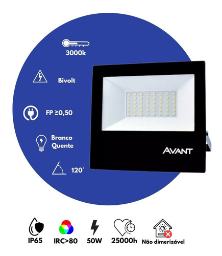 Refletor LED Avant Slim Refletor LED 50W com luz branco-quente e carcaça preto 110V/220V