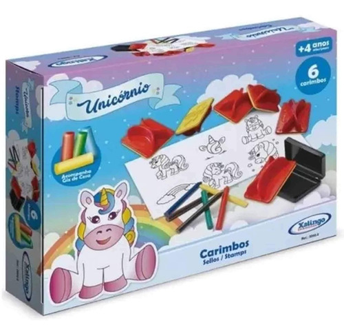 Kit Com 6 Carimbos Unicórnio Com Giz De Cera Desenhar Pintar