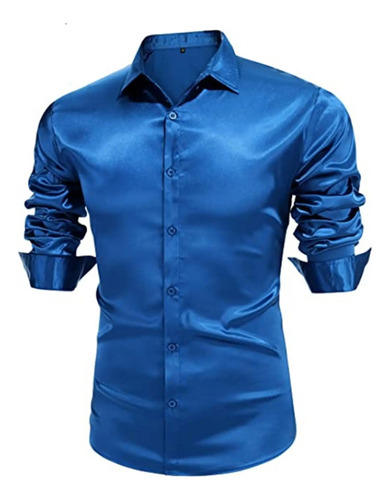 Camisa De Satén De Seda Azul Real, Camisa De Fiesta, Boda