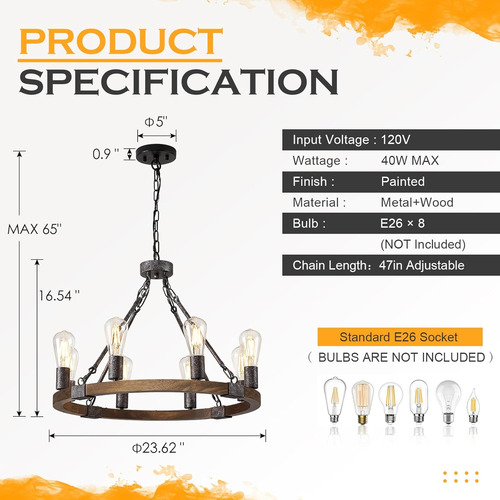 Lámpara De Araña Rústica De Madera De 59.9 Cm Con 8 Luces Ne