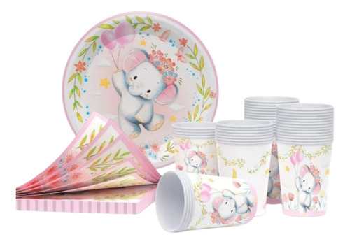 Pack Cotillón Para Baby Shower Temática Elefante Niña Blanco