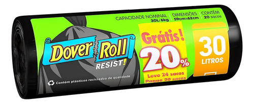 Saco Para Lixo Resist! Preto 30l 20un + 20% - Dover Roll