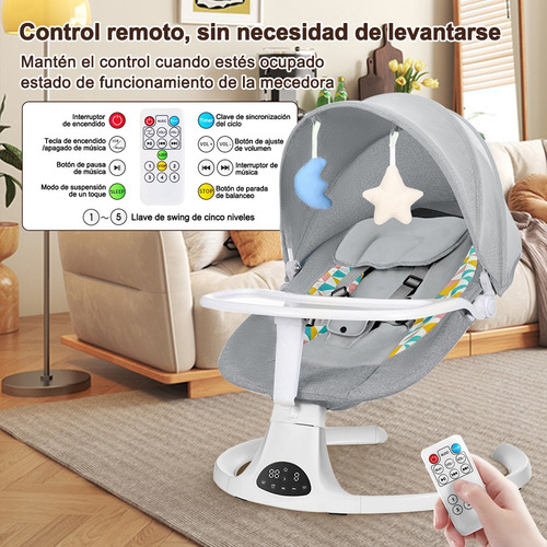 Mecedora 3en1 Bebé: Silla Comer+mosquitero Con Usb/cargador , Hamaca Para Bebé Con Mosquitera, Silla Mecedora Para Bebe, Silla Acolchada Multifuncional Para Bebés (gris Claro)