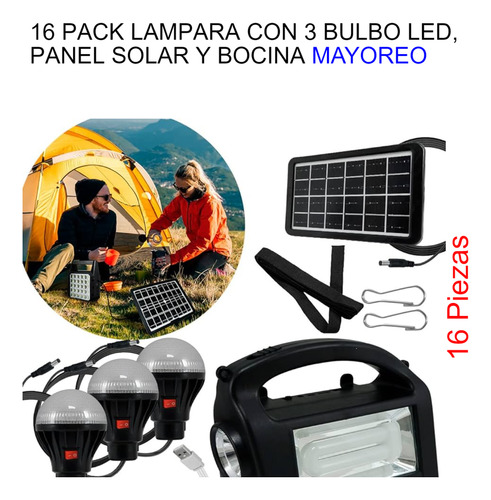 16 Pack Lampara Con 3 Bulbo Led, Panel Solar Y Bocina