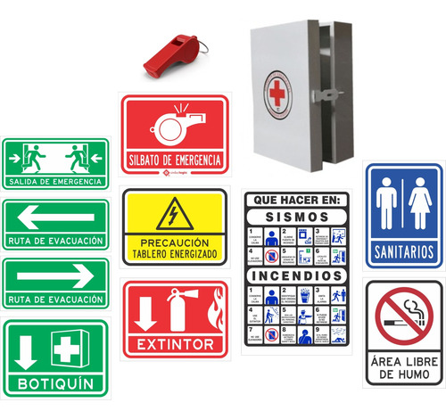 Paquete 10 Señales Protección Civil + Botiquín + Silbato