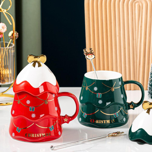 Juego De Tazas Navideñas Con Tapa Y Cuchara De Cerámica De 5