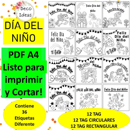 Imagen 1 de 4 de Kit Imprimible Tag Feliz Dia Del Niño Pdf 01 Blanco Negro