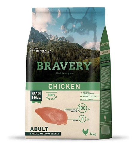 Alimento Para Perros Raza Grande Adulto Bravery Pollo 4kg