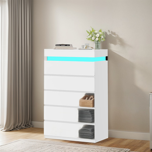 Haumous Cómoda Alta De 5 Cajones Con Luz Led Blanco