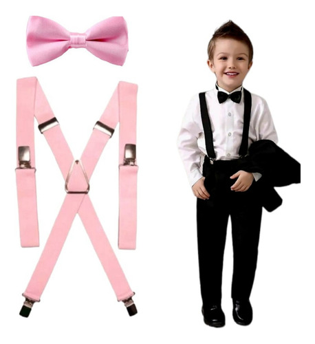 Paquete Especial 17 Tirantes Con Moño Ajustables Para Niño Rosa Pastel Liso
