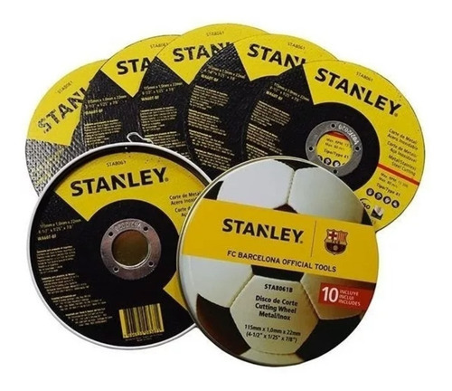 Set 10 Discos De Corte Stanley Amoladora 115mm Lata Sta8063b Color Amarillo/negro