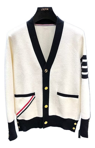 Jacquard Stripe Trimmed Casual V Neck Trendy Sweater