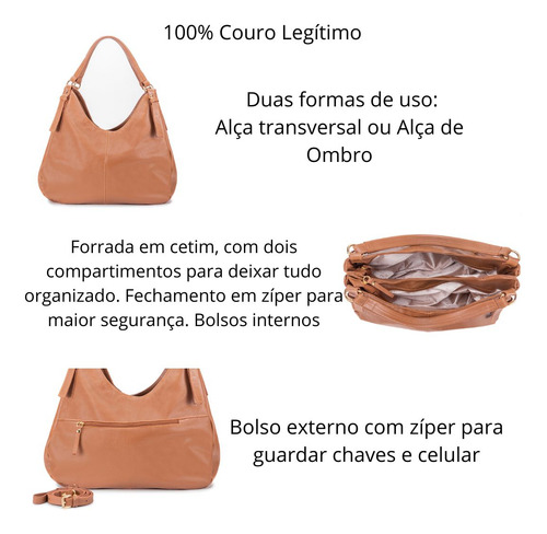 Bolsa Feminina Dupla Couro Legítimo Transversal Hobo Caramel Acambamento Dos Ferragens Ouro Cor Caramelo Correia De Ombro Caramelo Desenho Do Tecido Lisa