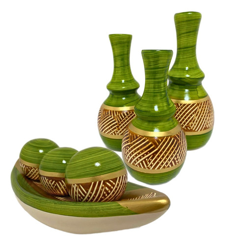 Conjunto Enfeite Ceramica Trio Vasos Centro Mesa Decorativo Cor Cristal Verde Oliva