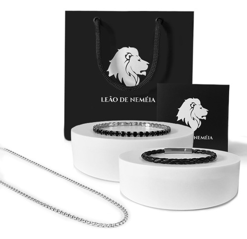 Kit Corrente De Aço E Pulseiras Masculinas Couro E Riviera