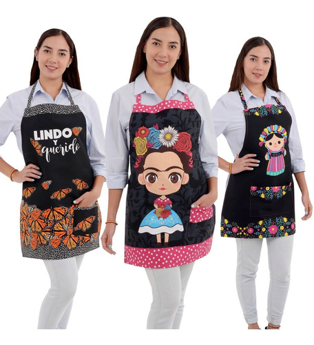 Mandil De Cocina Negro, Set De 3 Piezas, Diseño Mexicano