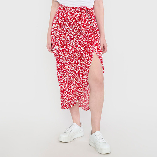 Falda Mujer Midi Recojida Print Flores Rojas Corona