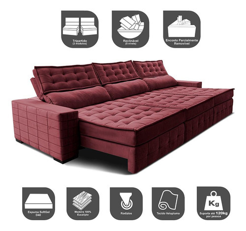 Sofá Retrátil 4,15m Cama Inbox Big Puffer. Com Softgel d40 Cor Vinho