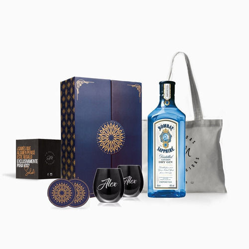 Gin Bombay 750 2 Vasos Negros Grabados Estuche Box