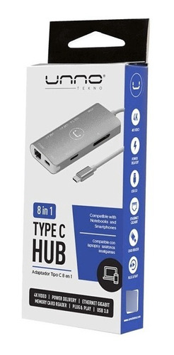 Adaptador Hub 8 En 1 Tipo C Unno Hb1108sv