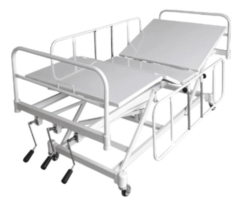 Cama Hospitalar 6 Movimentos Com Elevação De Leito Manual Com 3 Manivelas + Grades