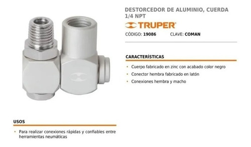 Imagen 3 de 8 de Conector Destorcedor De Manguera Aluminio 1/4 Pulgada Truper