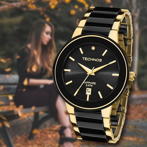 Relógio Technos Ceramic Sapphire Feminino 2115krs 4p Preto/dourado Preto Preto
