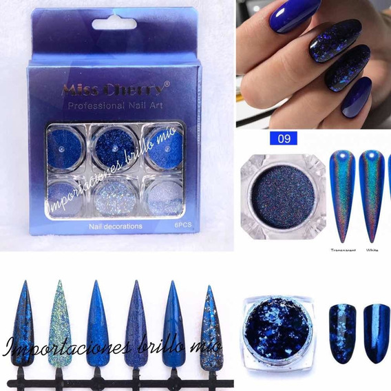 Efecto Espejo Flake Glitter Azul R 6pz Uñas Acrilico Gelish | MercadoLibre