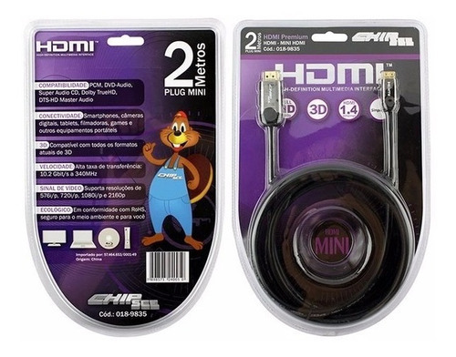 Cabo Mini Hdmi X Hdmi 1.4 2 Metros Chip Sce 018-9835