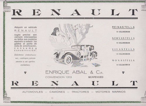 1930 Hoja Publicidad De Automovil Renault Uruguay Vintage 