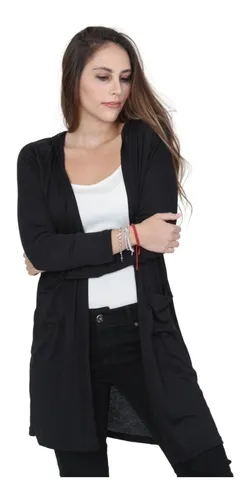 Saco Sueter Largo Abierto Con Capucha Moda Abrigo Dama Negro