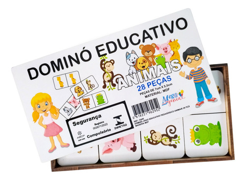 Brinquedo Dominó Educativo Aminais 28pcs Madeira Mdf Mega Impress