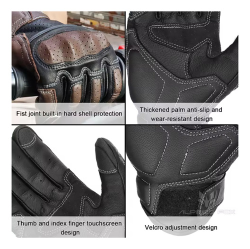 Guante Moto Cuero Alpine Fox Bicolor De Alta Calidad Protecc Negro Y Marrón M