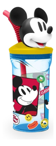 Copo 3d Infantil Canudo Mickey Tampa Plástico 360ml Disney Cor Azul