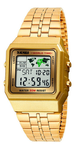 Reloj Skmei 1338 Cronómetro Fecha Wr30m Mundial® Color de la correa Dorado Color del fondo Negro