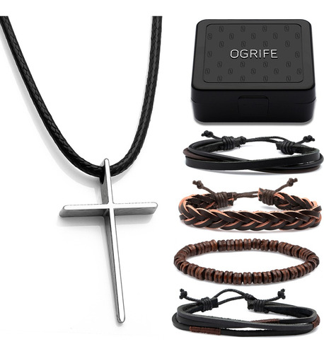 Kit Cordão Pingente Cruz Prata J-1498 Combo Bracelete Couro Cor Cordão Café