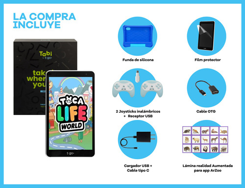 Tablet T-go Kids 8 Android 14 Con 2 Joysticks 4gb Ram 64gb Realidad Aumentada Funda Antigolpes Color Azul Control Parental App Educativas Wifi Infantil Segura Divertida