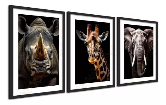 3 Quadros Safari Sala Elefante Rinoceronte Girafa 45x63cm Cor Colorido Cor da armação Preta