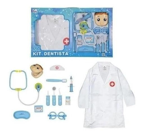 Kit Dentista Infantil Avental E Acessórios Azul Menino Fenix