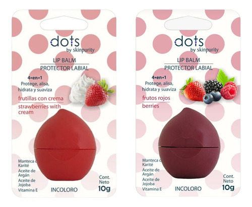 Kit 2 Balsamos Labiales Dots Frutilla + Crema Y Frutos Rojos