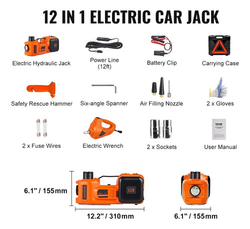 Vevor Kit De Gato Hidráulico Eléctrico De 5t12v 155-450 Mm