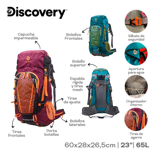 Mochila Camping Trekking Discovery Viaje 23 Pulgadas Color Bordó Diseño De La Tela Liso