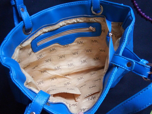 Imagen 3 de 7 de Bolsa Mk Azul-dorado Tipo Tote , Grande M.k Tipo Piel