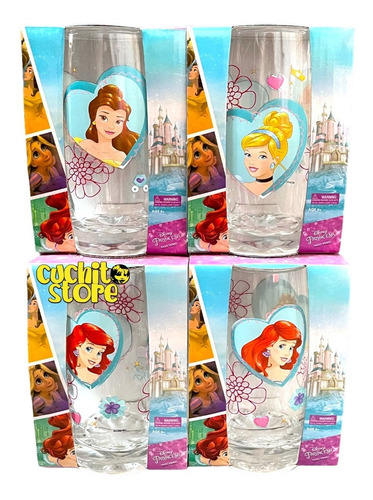 Imagen 1 de 1 de Set 4 Vasos De Vidrios Princesas Disney Original