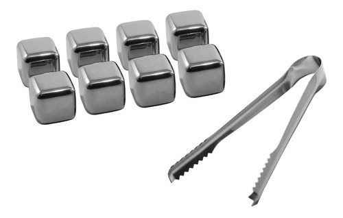 Conjunto 8 Cubos Gelo Aço Inox + Pinça Reutilizáveis Whiskey